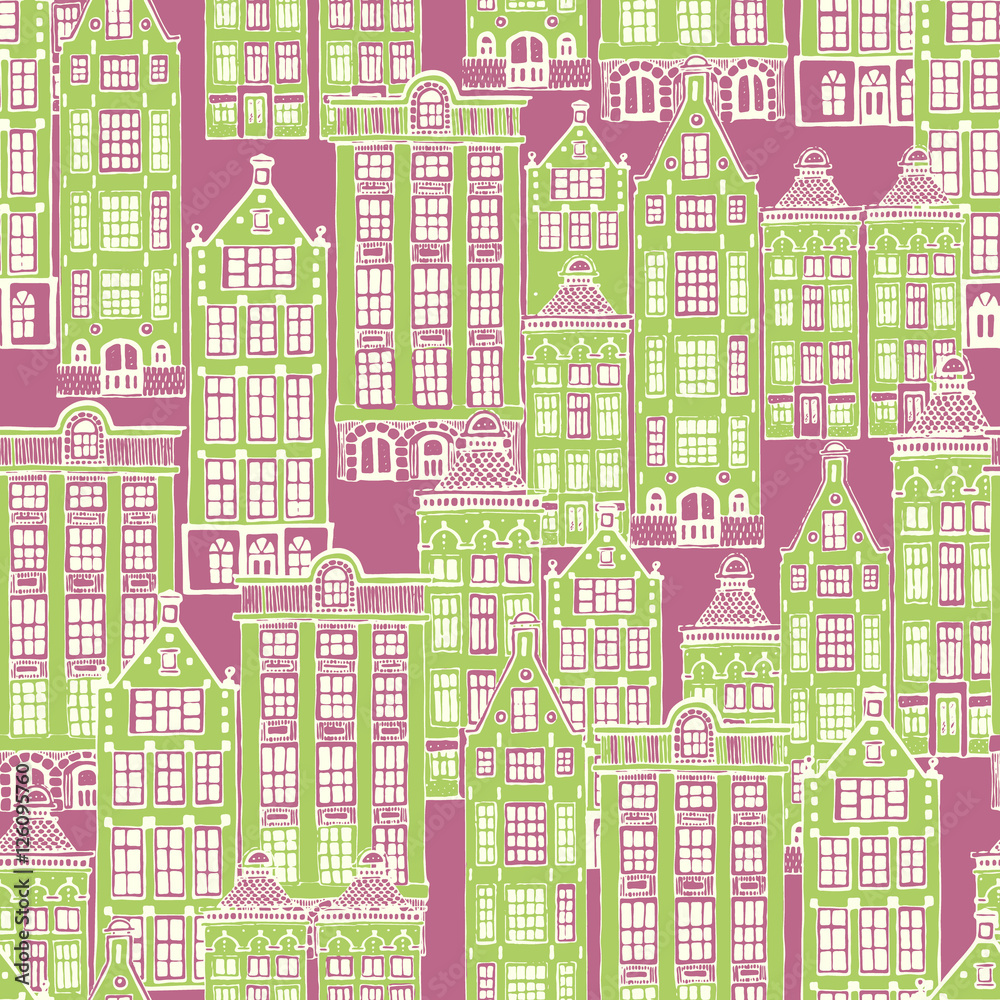 Vector seamless pattern with town houses