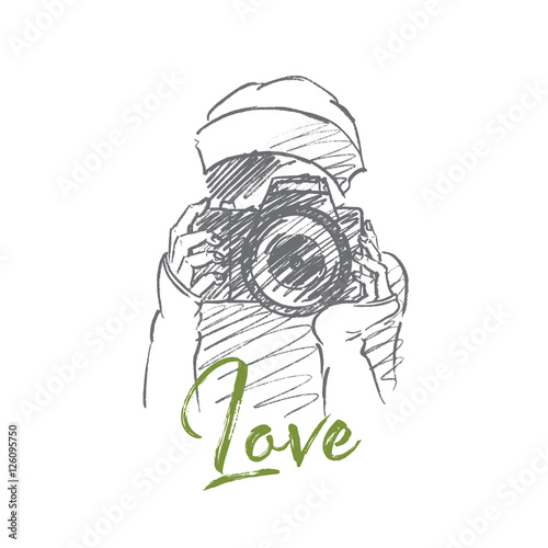 Vector hand drawn Love photo concept sketch. Young hipster girl holding camera and making photo. Lettering Love