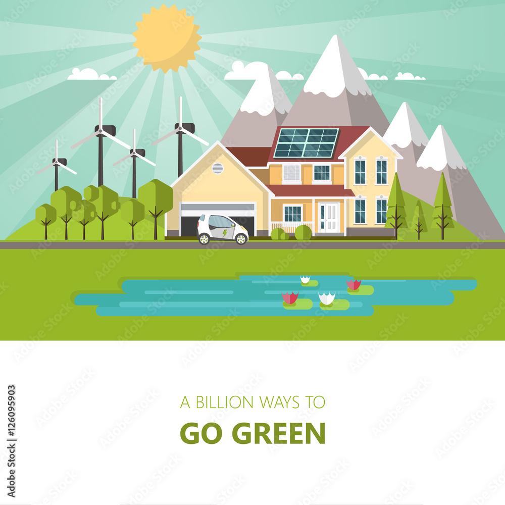Green energy an eco friendly traditional and modern house. Solar, wind power. Vector concept illustration with electric car. Eco concept vector design

