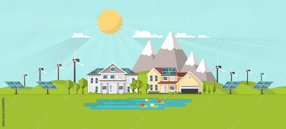 American suburban houses. Eco lifestyle background. Flat design vector concept illustration.