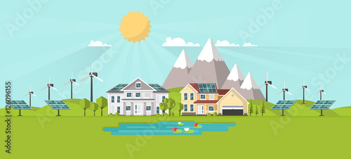 American suburban houses. Eco lifestyle background. Flat design vector concept illustration.