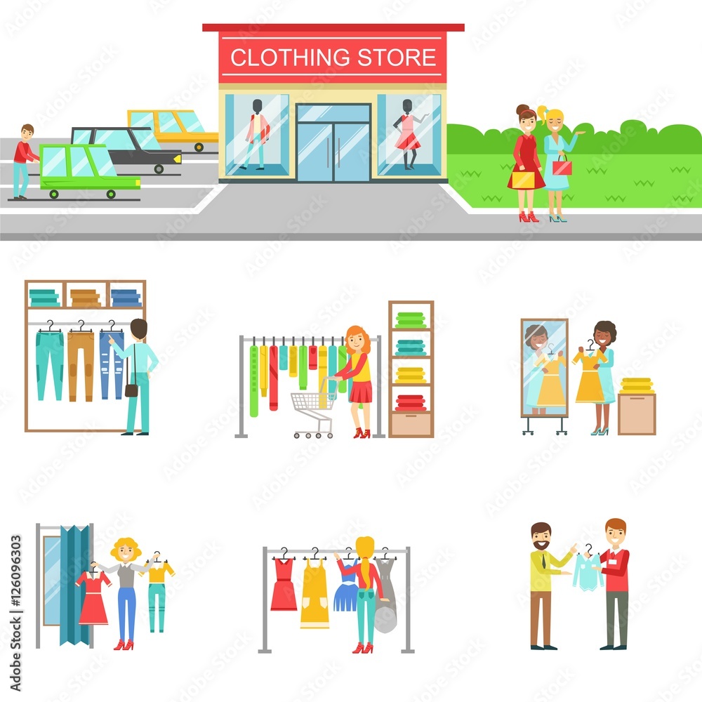 Clothing Store Exterior And People Shopping Set Of Illustrations