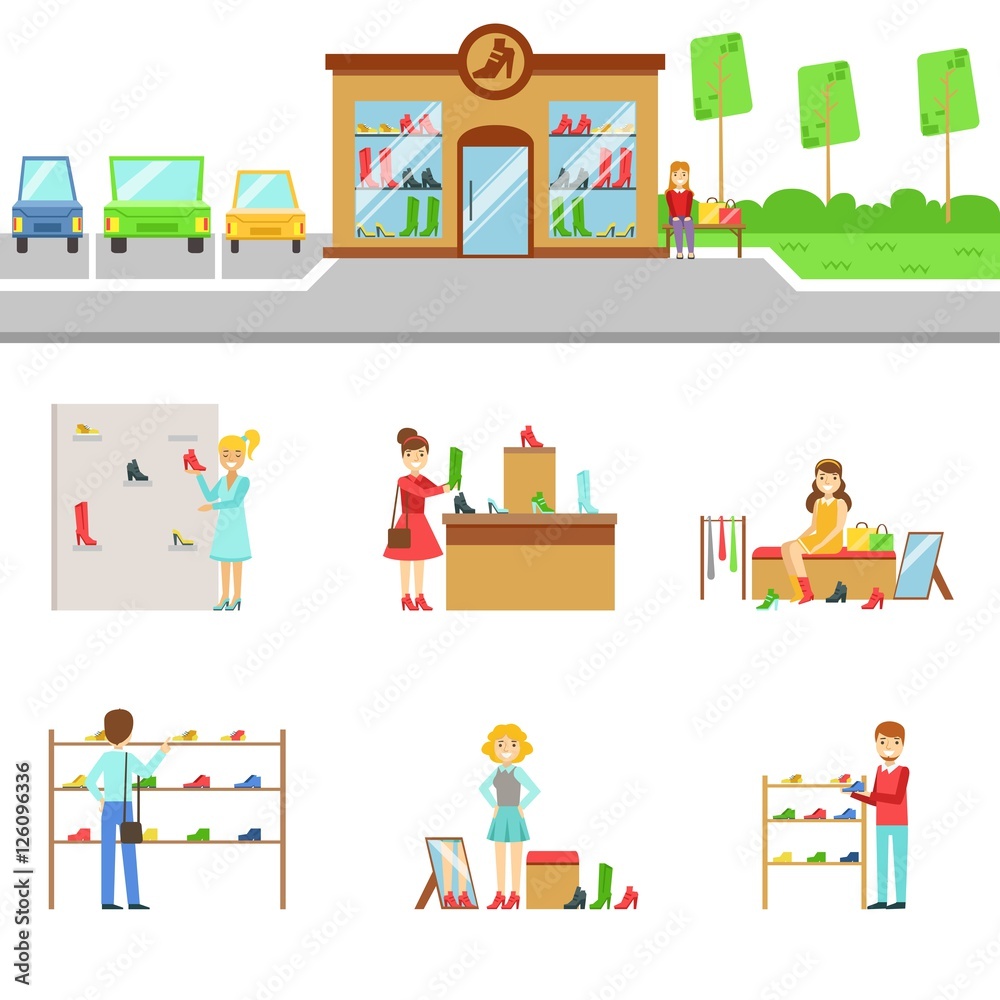 Footwear Store Exterior And People Shopping Set Of Illustrations