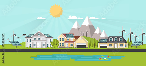 American suburban houses. Eco lifestyle background. Flat design vector concept illustration.