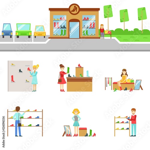 Footwear Store Exterior And People Shopping Set Of Illustrations