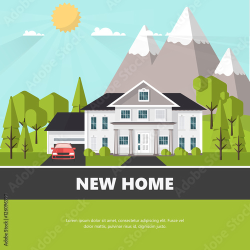 American suburban house. Family home. Flat design vector concept illustration.