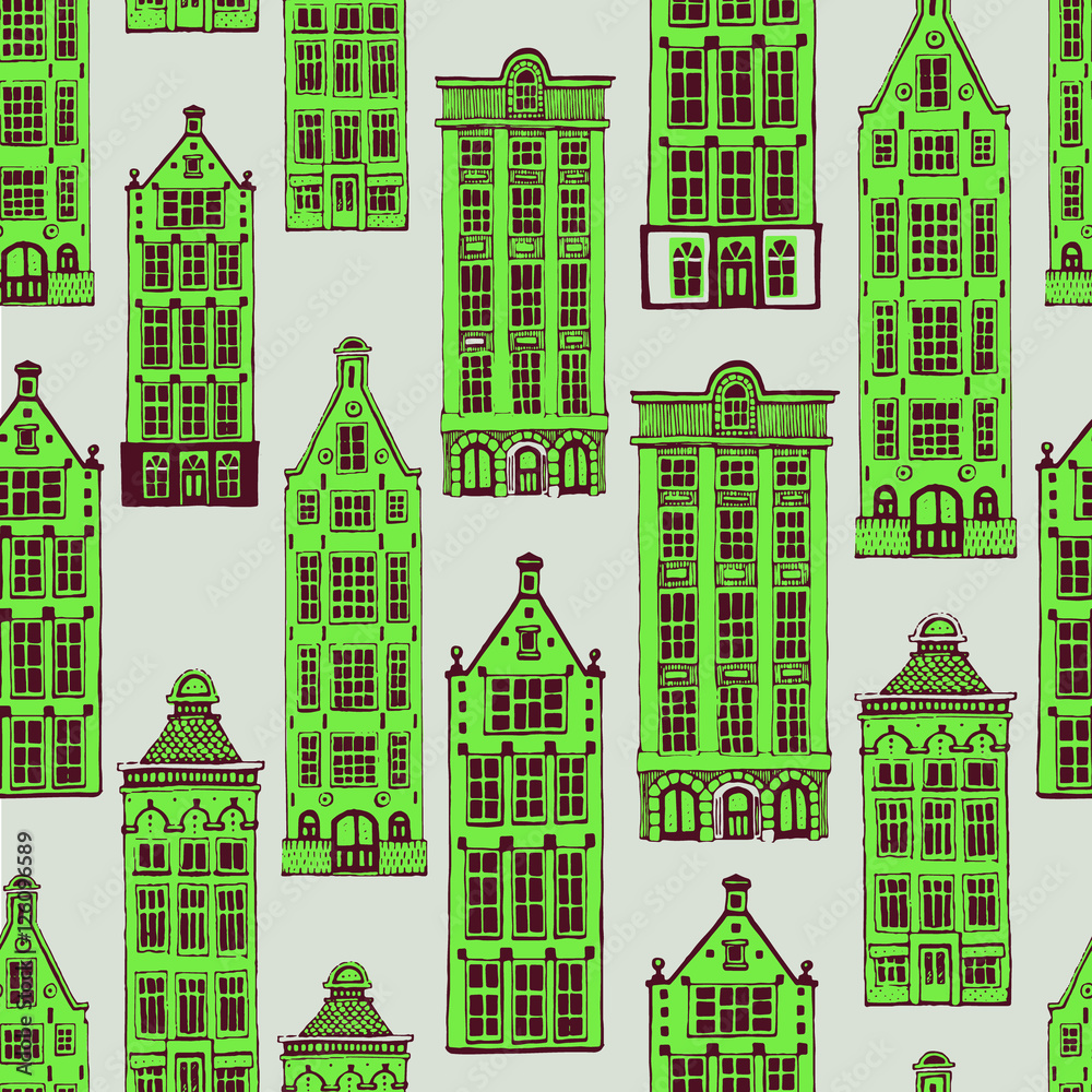 Vector seamless pattern with town houses Vector seamless pattern with town houses
