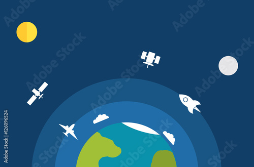 Fototapeta Naklejka Na Ścianę i Meble -  Vector an illustration with the image of the planet earth of planes, satellites, clouds, rockets in flat style.Elements of design and infographic for banners on the websites, leaflets, booklets.