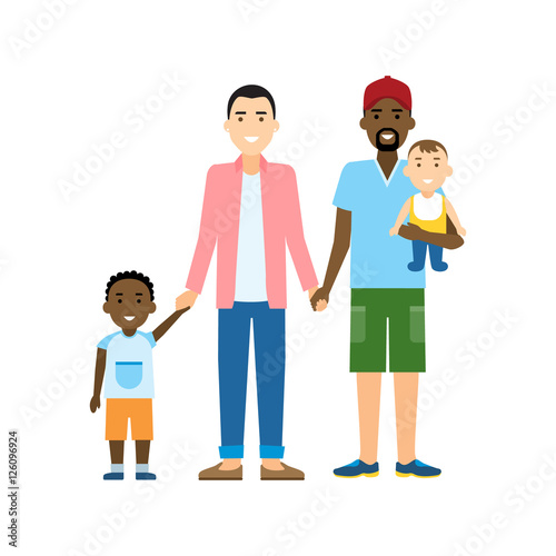 Isolated gay family. Two handsome cartoon men with two sons standing on white background and holding hands. Happy homosexual relationship. Interracial marriage.