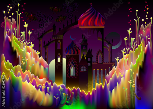 Illustration of fairyland fantasy kingdom, vector cartoon image.