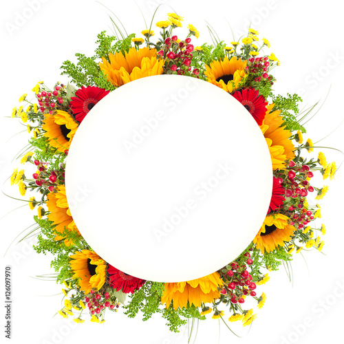 Fototapeta Naklejka Na Ścianę i Meble -  Amazing background with daisies and sunflowers. Yellow and red flowers on a white blank. Floral nature card. Flower and butterfly bokeh.