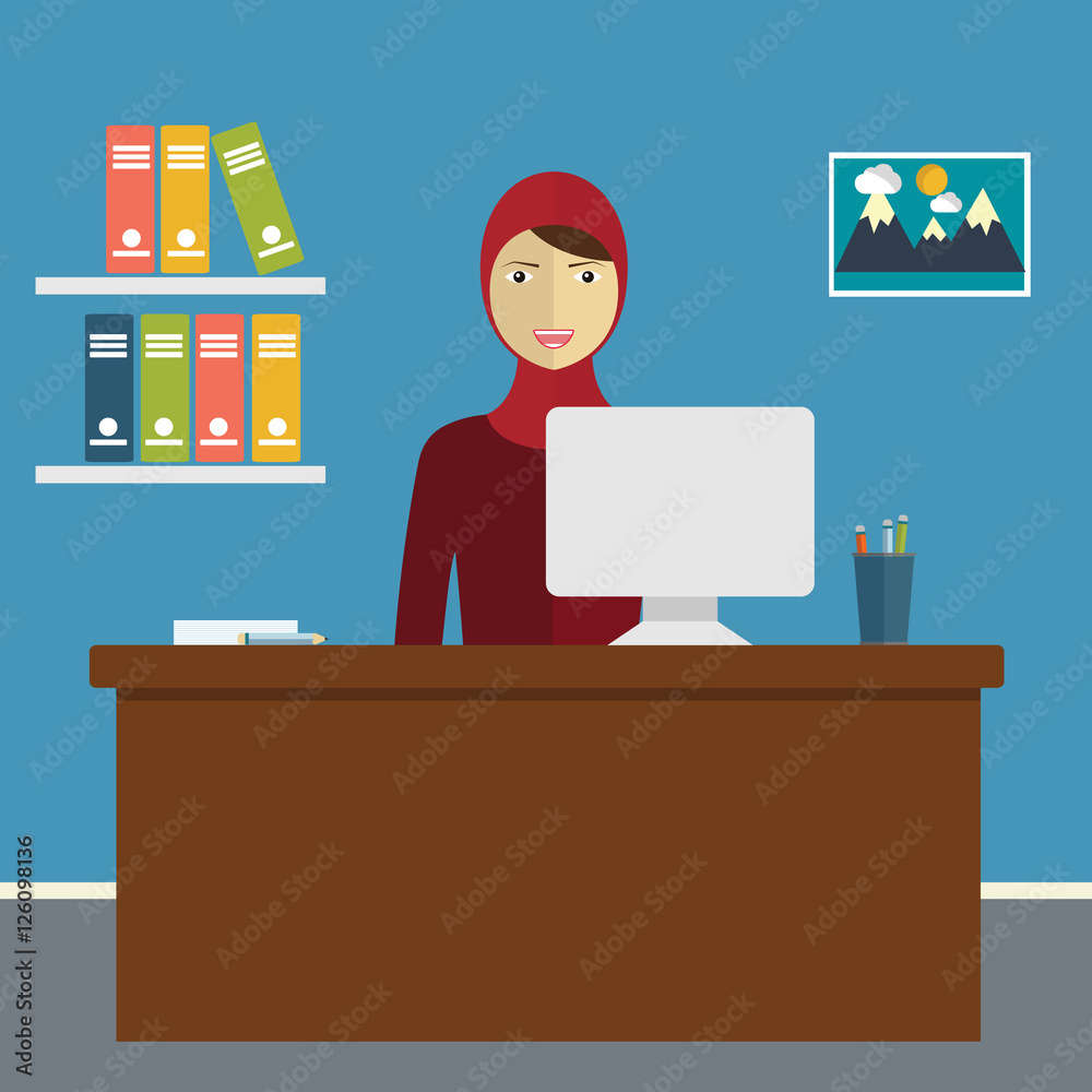 Vector illustration of a Muslim arab girl with hijab in office Vector illustration of a Muslim arab girl with hijab in office