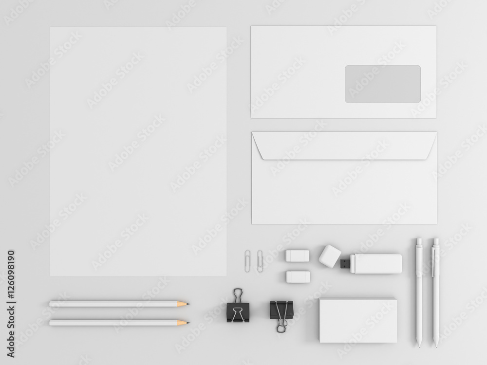 Corporate identity template set. Business stationery mock up with white blank. Branding design. Isolated on background. Letter envelope, card, catalog, pen, pencil, paper. 3d illustration Corporate identity template set. Business stationery mock up with white blank. Branding design. Isolated on background. Letter envelope, card, catalog, pen, pencil, paper. 3d illustration
