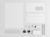 Corporate identity template set. Business stationery mock up with white blank. Branding design. Isolated on background. Letter envelope, card, catalog, pen, pencil, paper. 3d illustration