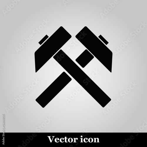 Two crossed hammers vector flat icon, labor symbol, black silhouette work sign on grey background
