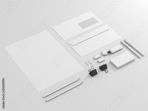 Corporate identity template set. Business stationery mock up with white blank. Branding design. Isolated on background. Letter envelope, card, catalog, pen, pencil, paper. 3d illustration