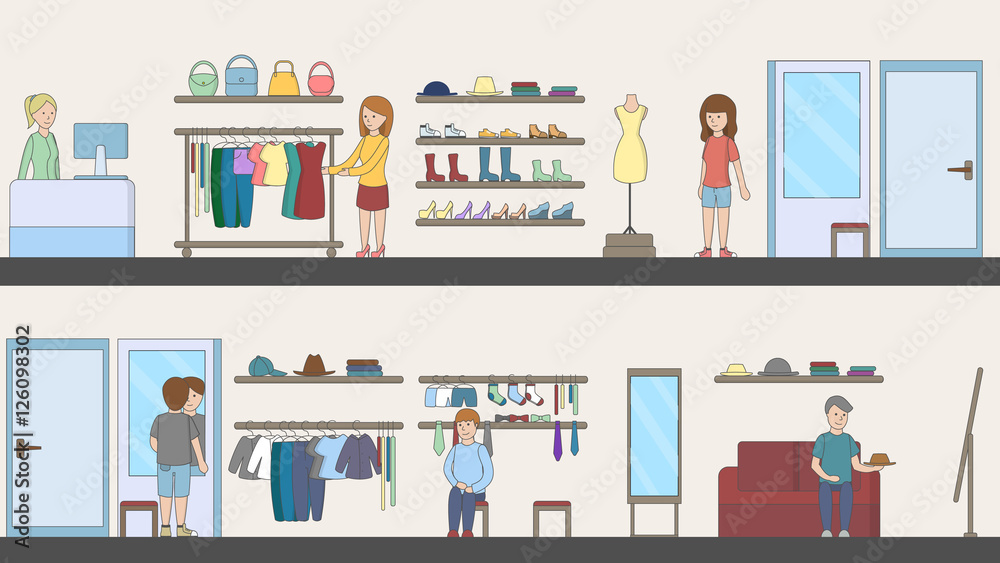 Fototapeta premium Shopping mall interior. Indoor interior. Fashion boutique. Mirrors and shelves and customer.