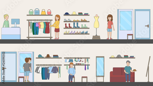 Shopping mall interior. Indoor interior. Fashion boutique. Mirrors and shelves and customer.