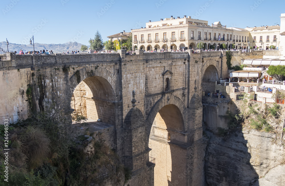 New Bridge over Guadalevin River in Ronda, Malaga, Spain. Popula