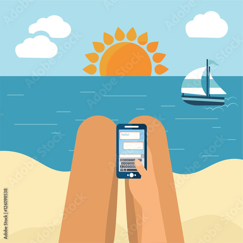 Woman relaxes on a beach in a lounge chair while on her smart phone. phone addiction