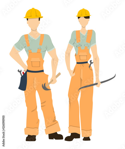 Isolated professional builders on white background. Male and female builders in uniform and hardhats. Engineering proffesion.