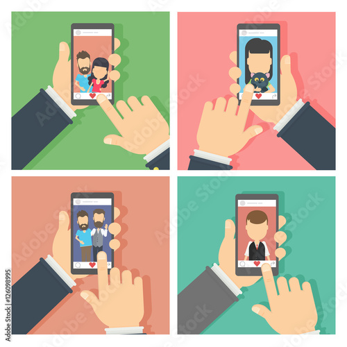 Photos on the screen set. Concept of social networks. Like button.