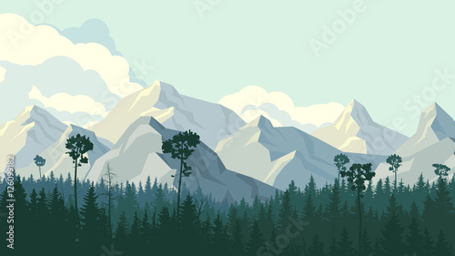Horizontal illustration of coniferous forest with mountains.