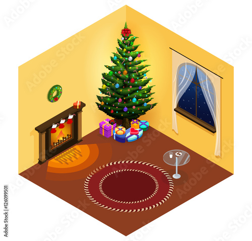Merry Christmas Happy New Year flat isometric style. winter holidays concept. Isometric Christmas composition. vector leaflet, flyer, card, postcard template.