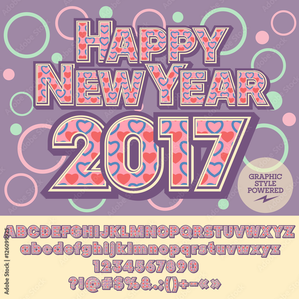Vector lovely Happy New Year 2017 greeting card with set of letters, symbols and numbers. File contains graphic styles