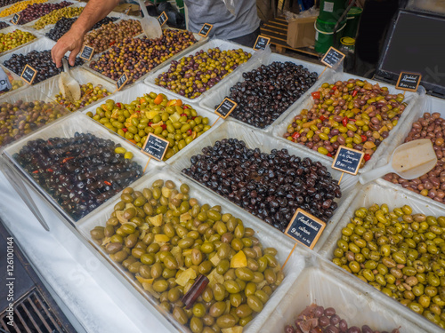 Olives green and black at market in Provence, France