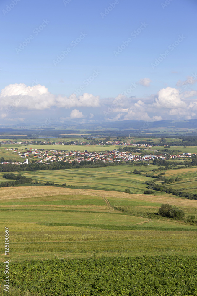 Clear green Landscape with little Village from the summer Mountains Magura in Slovakia