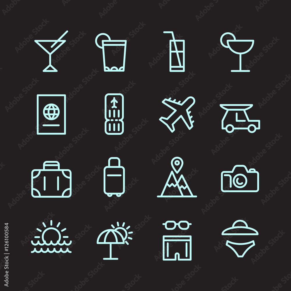 Travel icons set made in line art style. Travel icons set made in line art style.