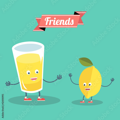 Funny lemon with glass of lemonade friends forever. Vector illustration