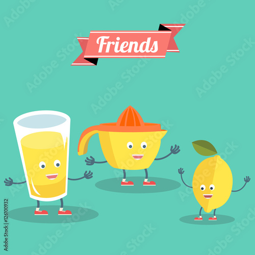 Funny lemon with juicer and glass of lemonade friends forever. Vector illustration.