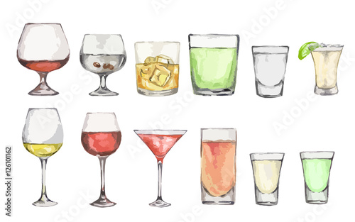 Watercolor alcohol set. Many glasses on white background. Wine, liquor, champagne and beer.