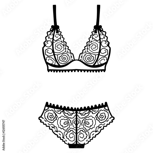 Hand drawn lingerie. Panty and bra set.
