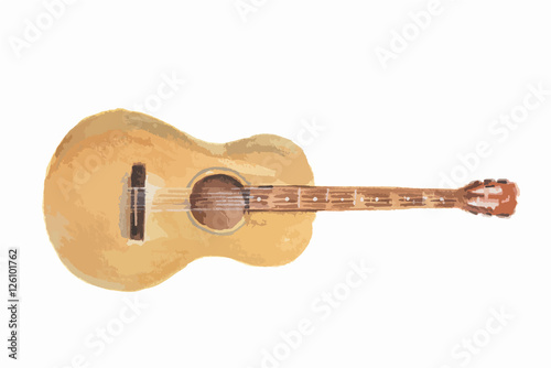 Isolater watercolor guitar on white background. Wooden acoustic guitar.