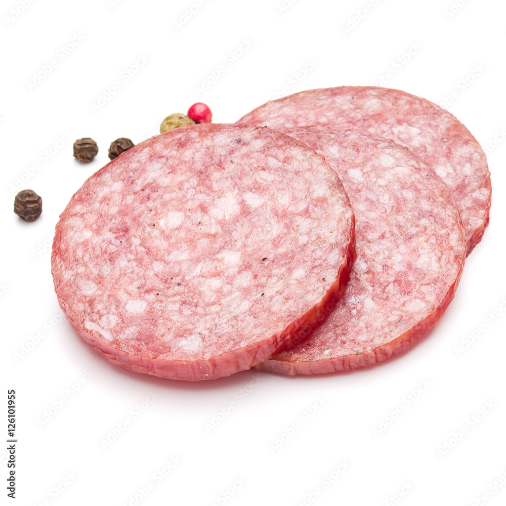 Salami smoked sausage three slices and peppercorns isolated on w Salami smoked sausage three slices and peppercorns isolated on w