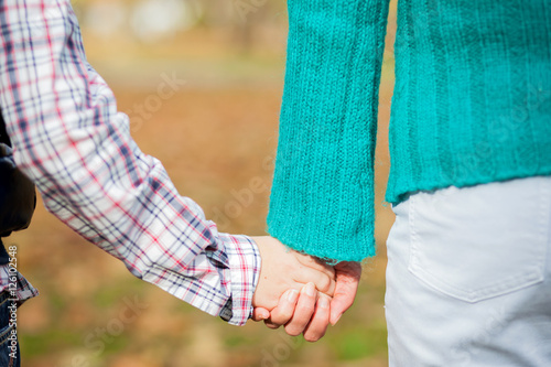 Grandmother and grandson holding hands by going on a picnic in the autumn park