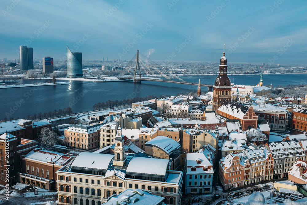 View from tower of St. Peters Church on Riga Cathedral and roofs of old houses in old city of Riga, Latvia