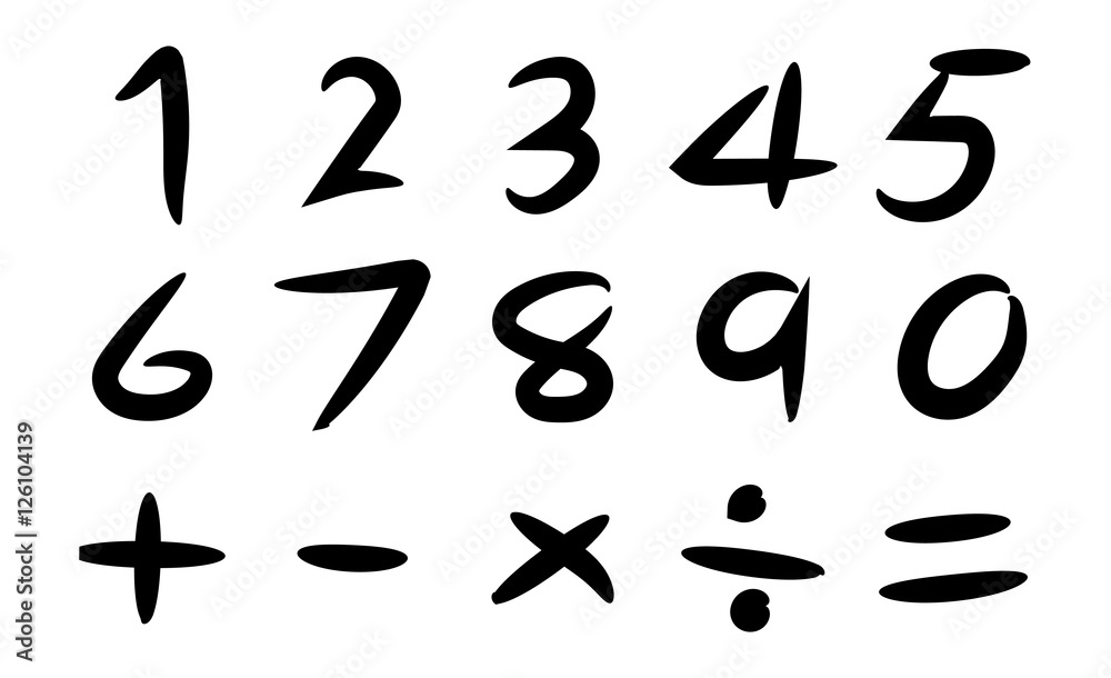 Black hand drawing number and basic math symbol on white backgro Black hand drawing number and basic math symbol on white backgro