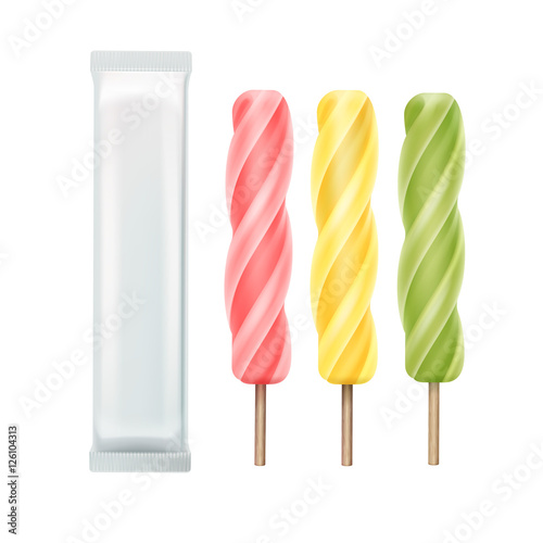 Set of Spiral Popsicle Lollipop Ice Cream Fruit Juice Ice on Stick with White Plastic Foil for Package Design Close up © Zonda