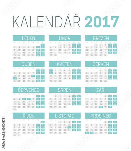 Simple Czech 2017 calendar template with Czech national holidays