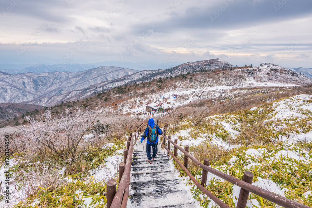 Hikers in winter mountains,Winter landscape white snow of Mounta