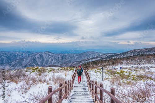 Canvas Print Hikers in winter mountains,Winter landscape white snow of Mounta