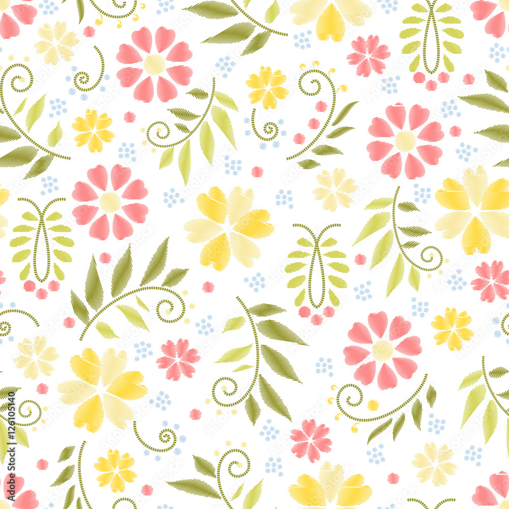 Flower embroidery seamless pattern vector