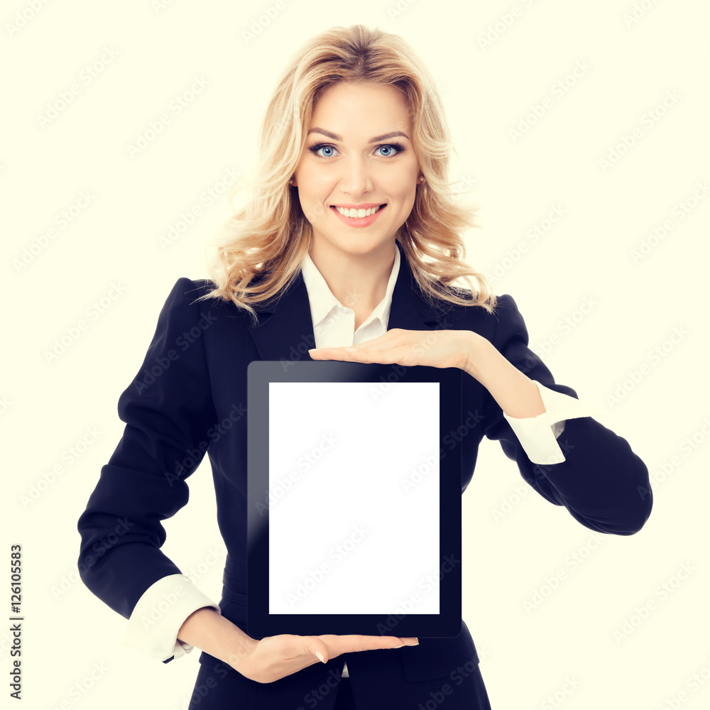 Businesswoman showing blank tablet pc Businesswoman showing blank tablet pc