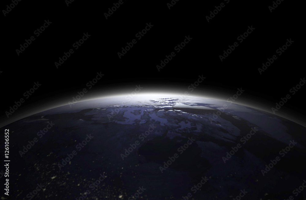 Obraz premium Earth at night as seen from space with blue, glowing atmosphere and space at the top. Perfect for illustrations. Elements of this image furnished 3d Render