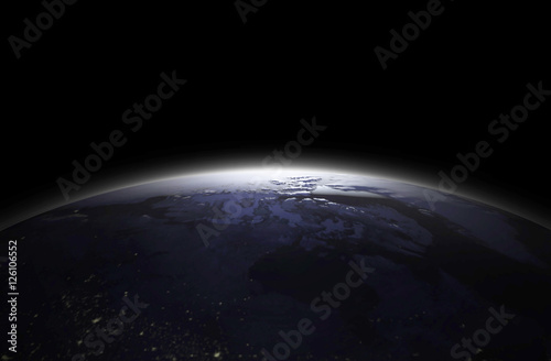 Fototapeta Naklejka Na Ścianę i Meble -  Earth at night as seen from space with blue, glowing atmosphere and space at the top. Perfect for illustrations. Elements of this image furnished 3d Render