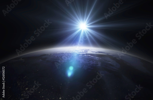 Earth at night as seen from space with blue, glowing atmosphere and space at the top. Perfect for illustrations. Elements of this image furnished 3d Render